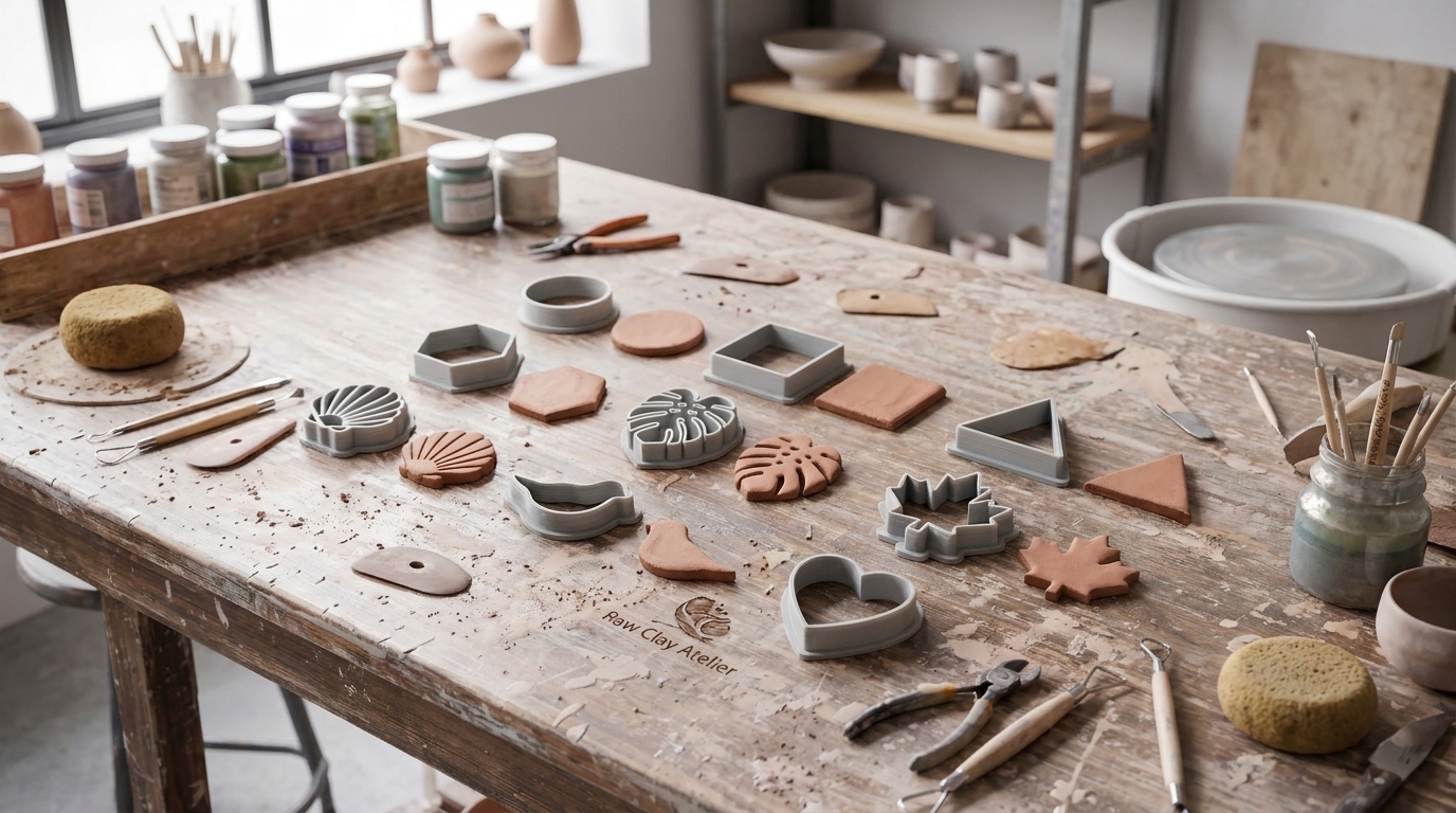 Wykrajaki do gliny i odbite kształty na warsztatowym stole ceramicznym