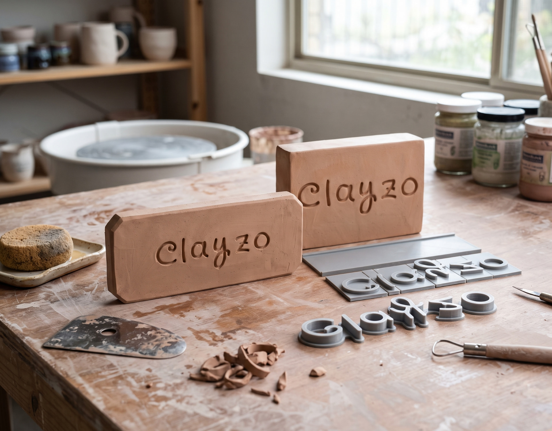 Ceramiczne stemple literowe na lnianej tkaninie